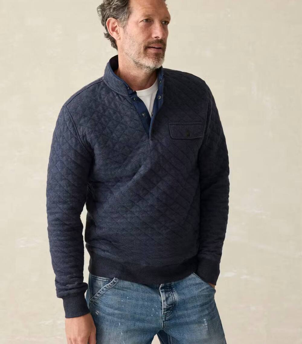 Faherty Men Epic Fleece Quilt Pullover XXL Navy Melange Quarter Snap Sweatshirt